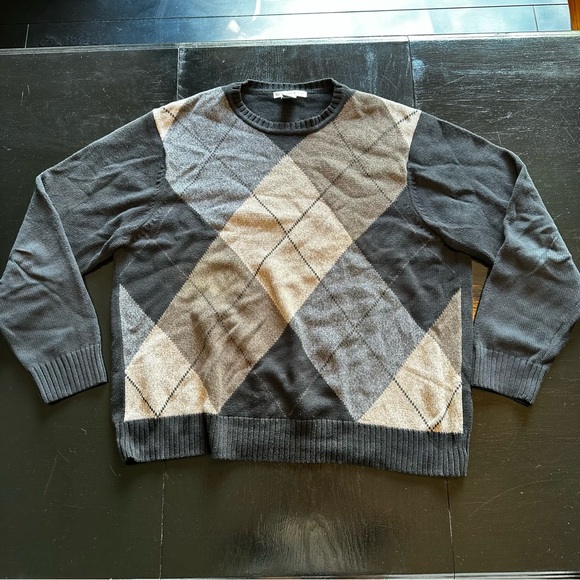 Geoffrey Beene XL Argyle Gray Black and Brown Cream Grandpa Sweater Crewneck - Picture 1 of 9